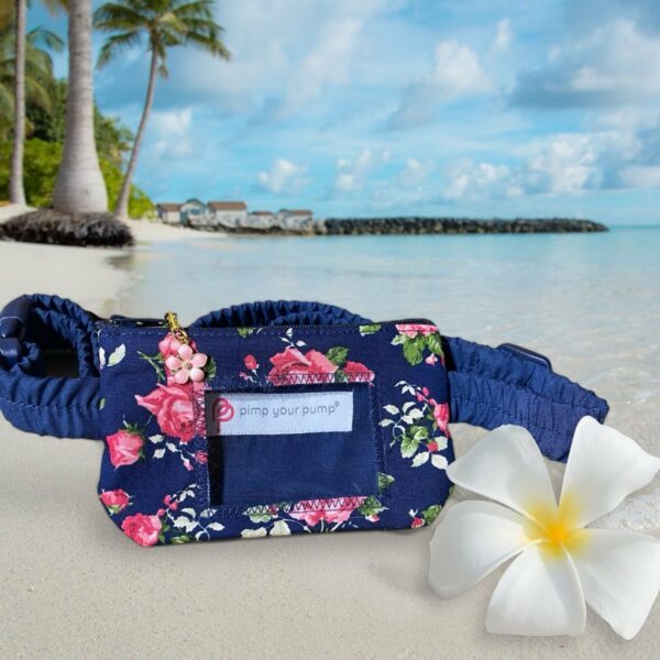 Insulin Pump pouch Navy Floral with vinyl screen and 1 matching zip charm